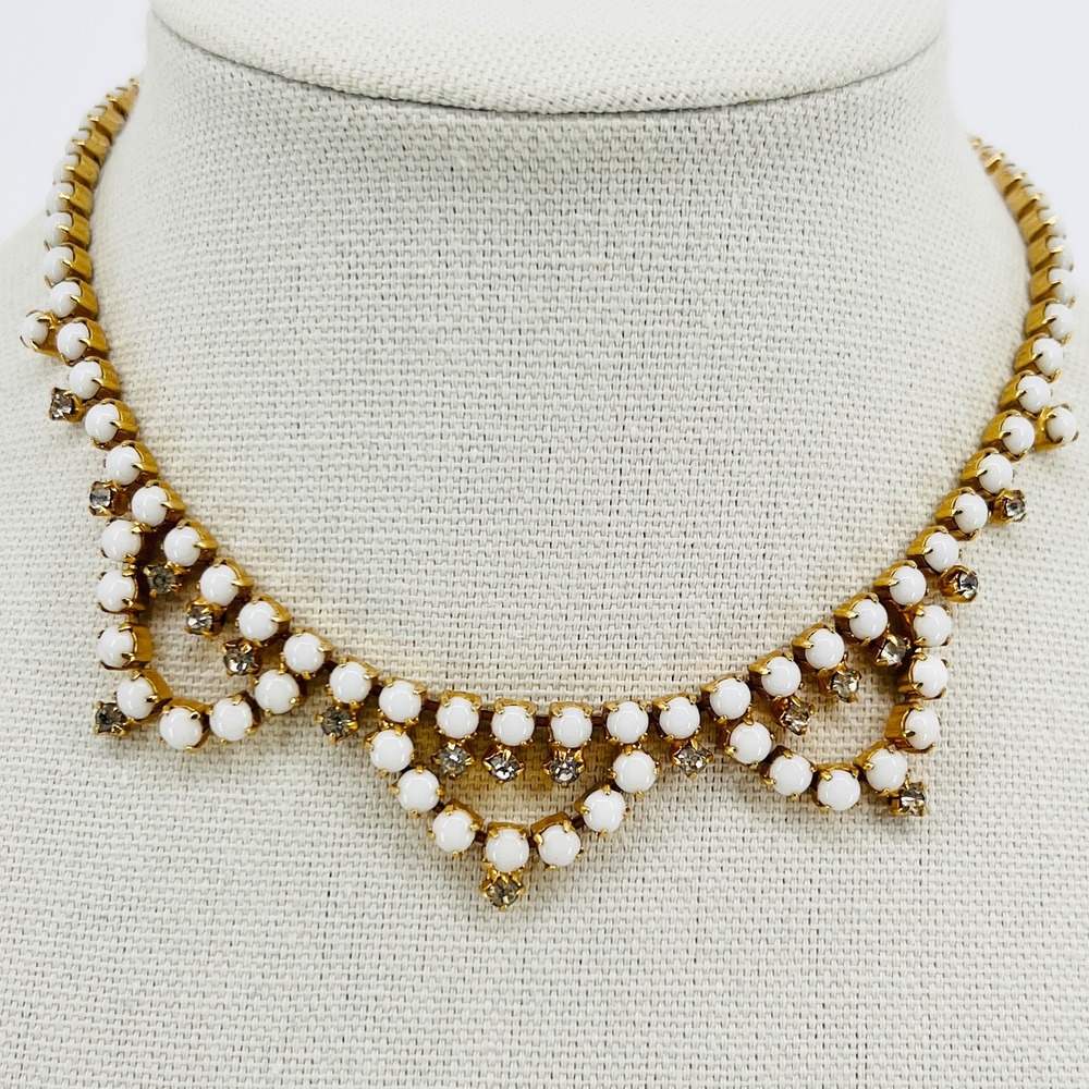 Vintage Milk Glass Rhinestone Collar Necklace Mid-Century 16" White & Gold